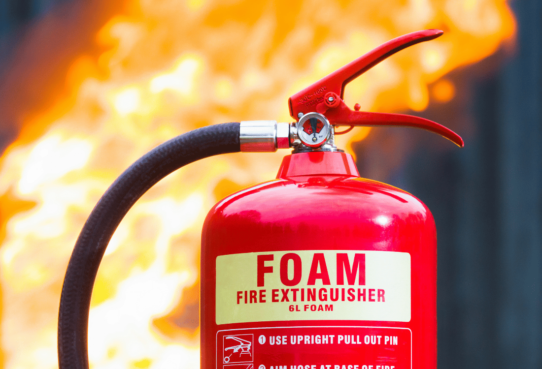 Foam fire extinguisher in front of fire at risk being of phased out